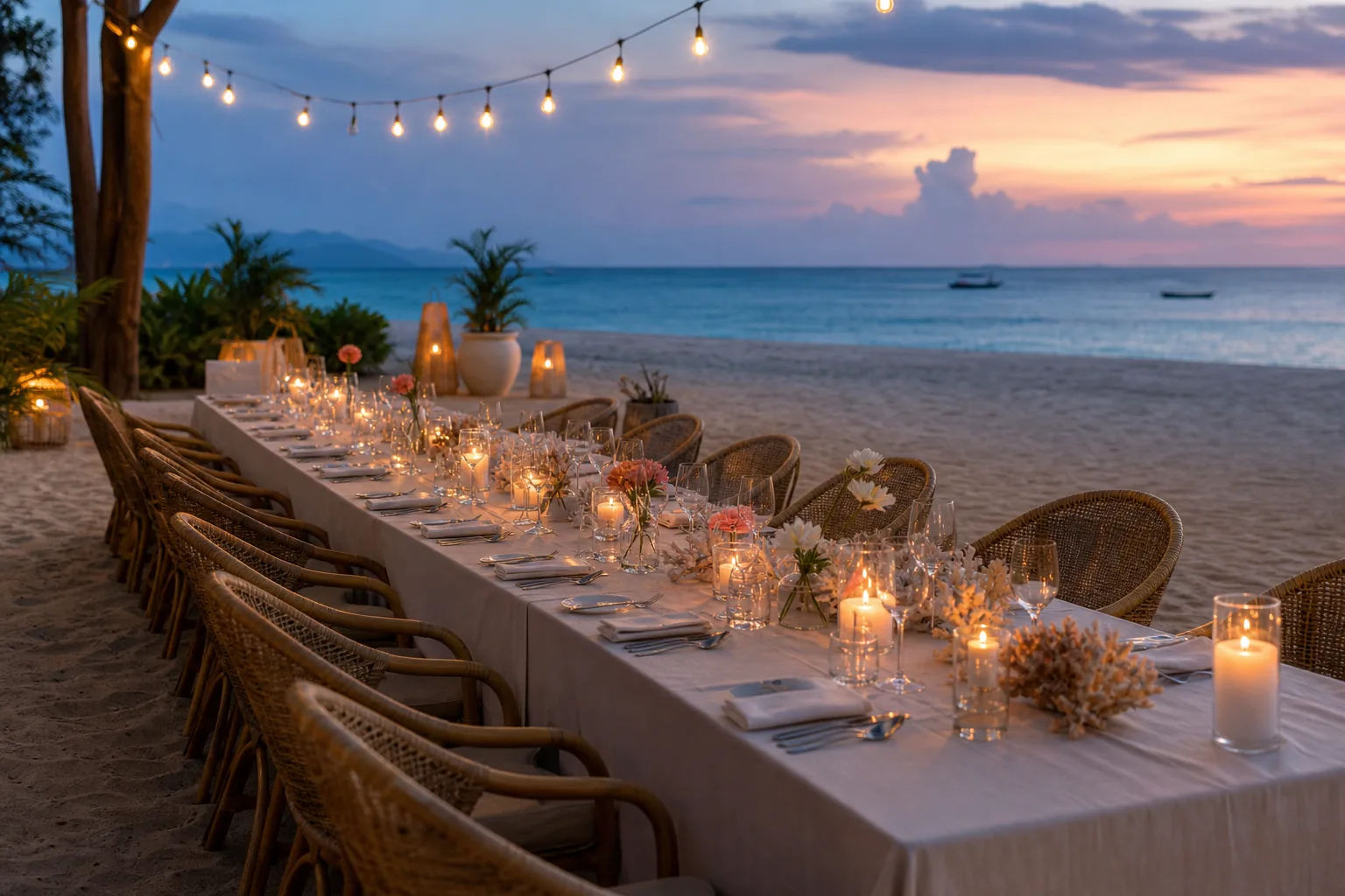 Candlelit private dinner table set directly on a Gili Air beach