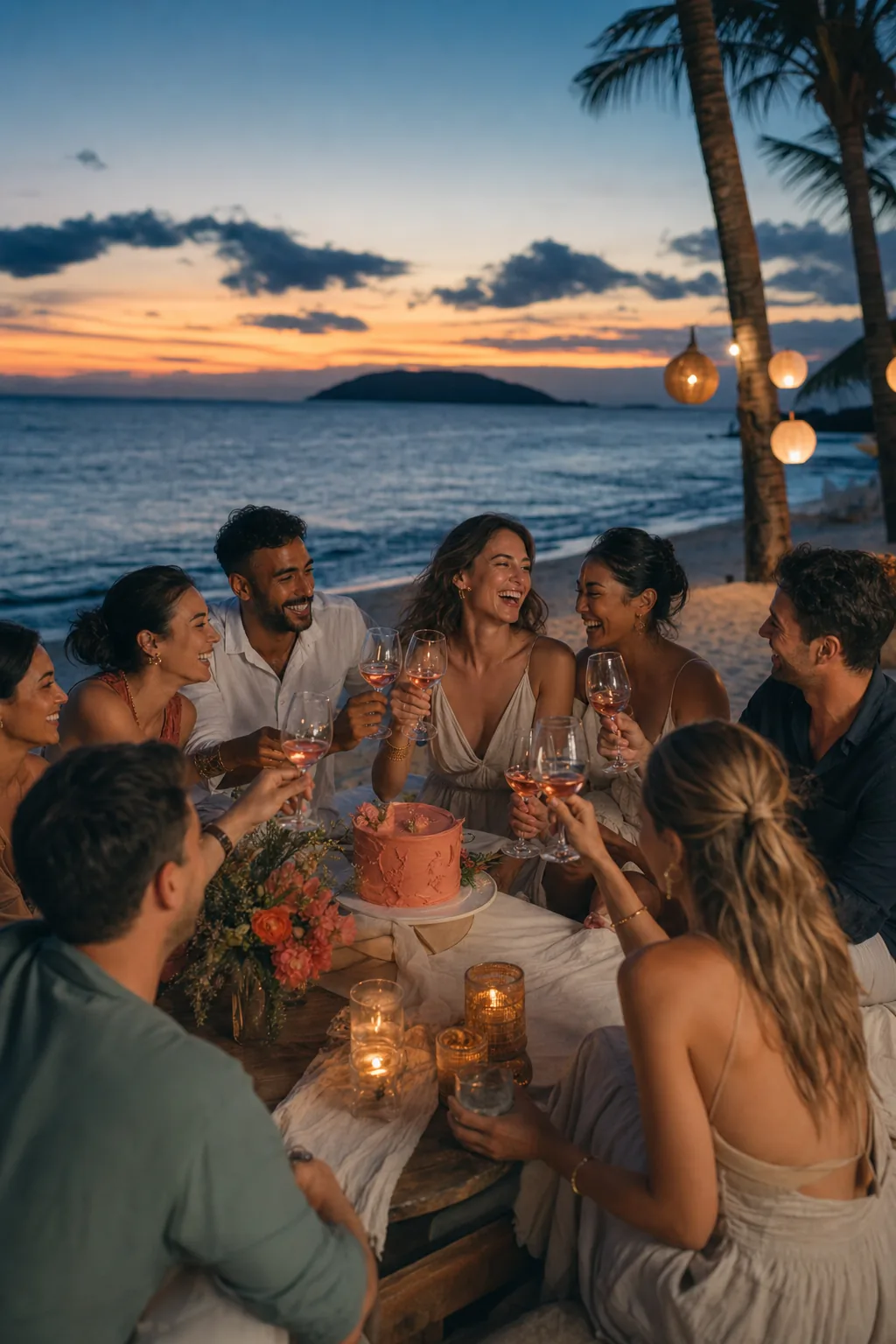 Friends celebrating a milestone birthday at sunset on a Gili Islands beach