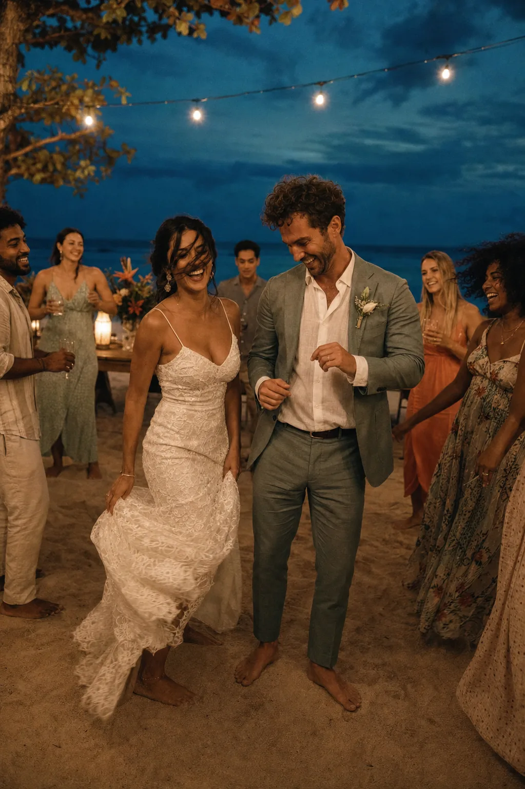 Newlyweds dancing barefoot with friends at a Gili Islands beach wedding