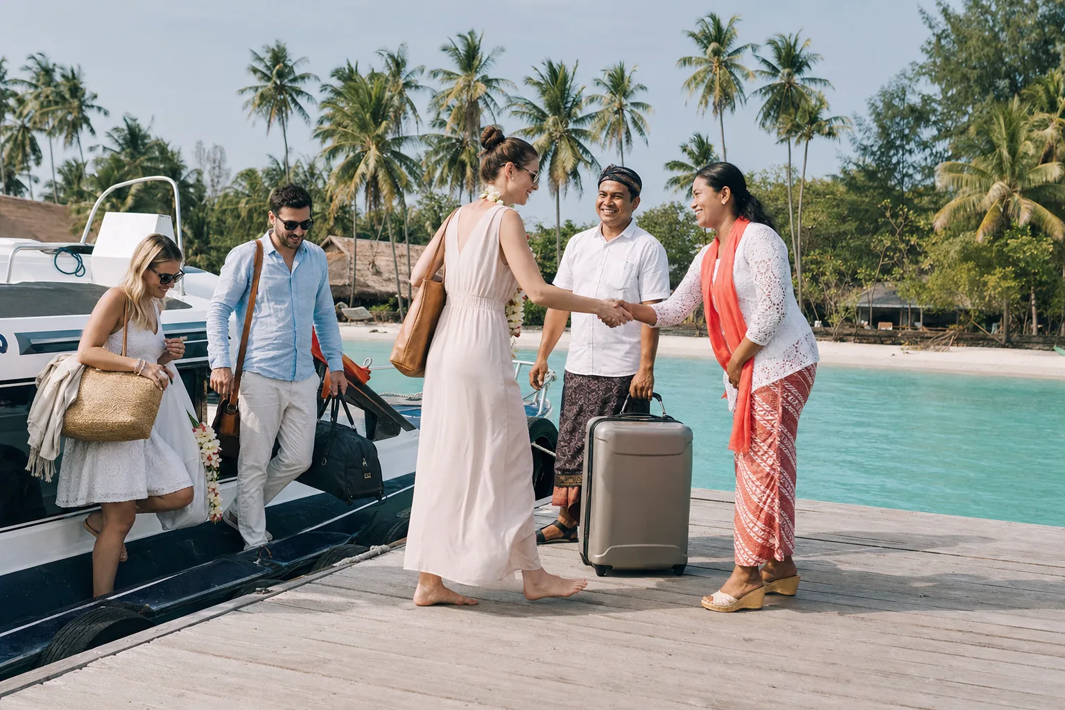 GiliWed coordinator welcoming event guests at a Gili Islands jetty