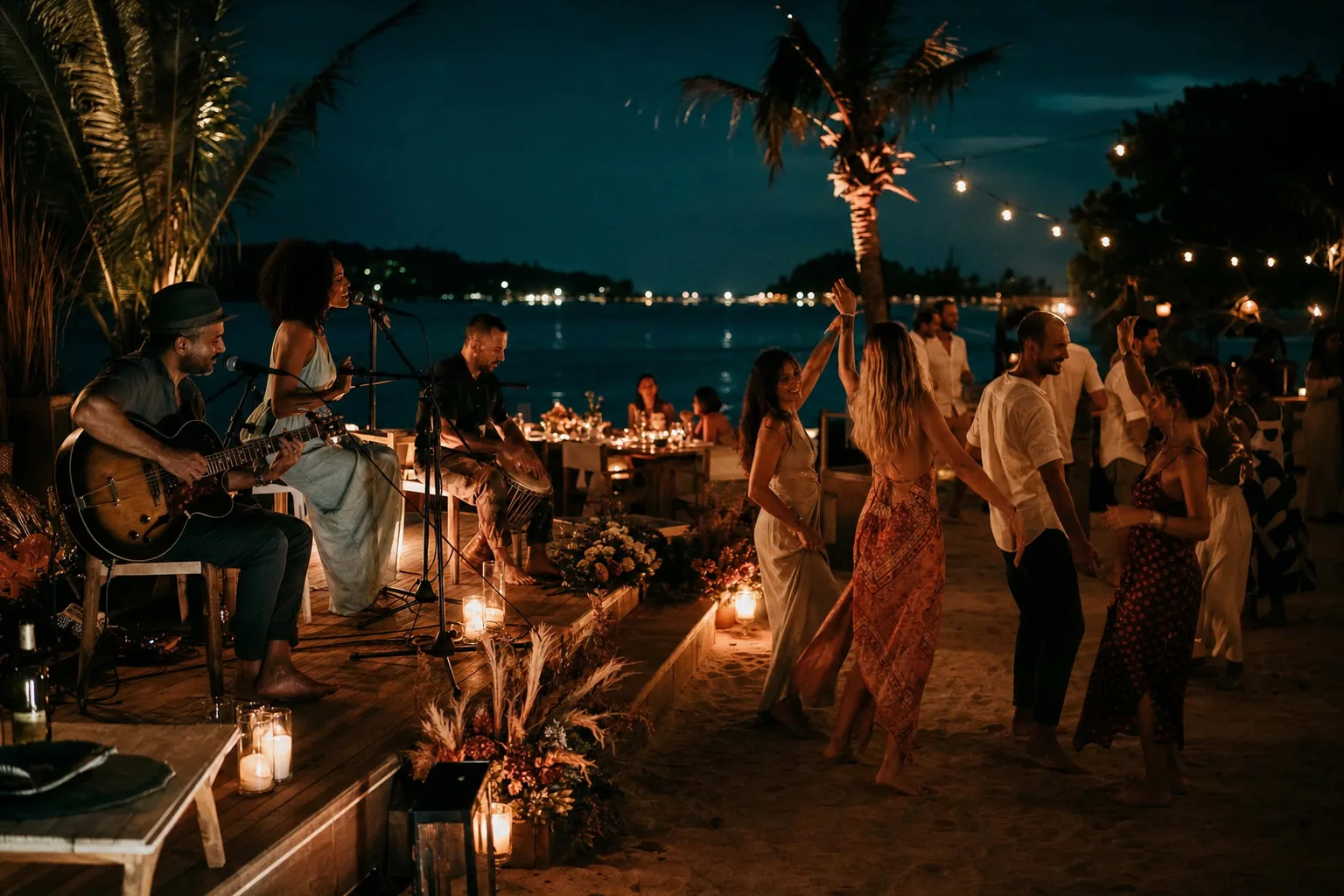Guests dancing to live acoustic music at a Gili Islands beach dinner