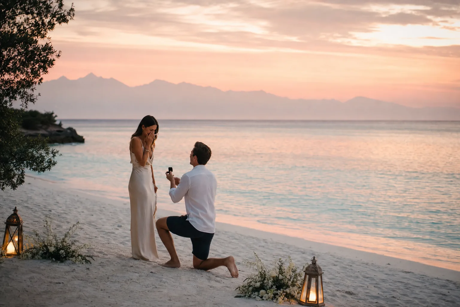 Romantic sunset marriage proposal on a secluded Gili Meno beach
