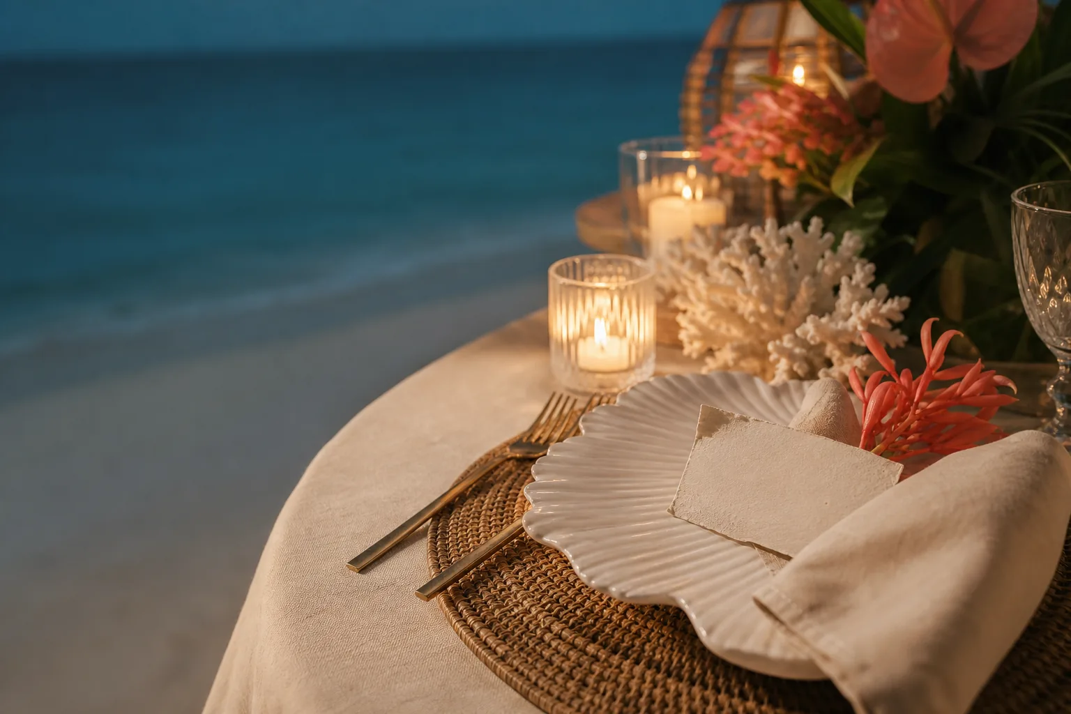 Tropical wedding place setting with coral flowers and candlelight