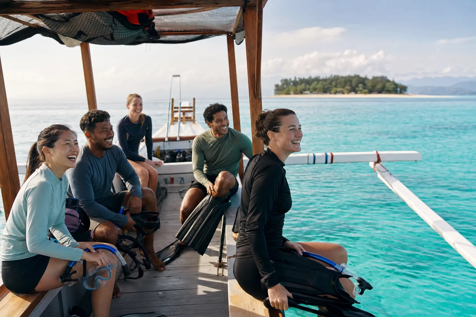 Company team preparing for a snorkelling activity near the Gili Islands