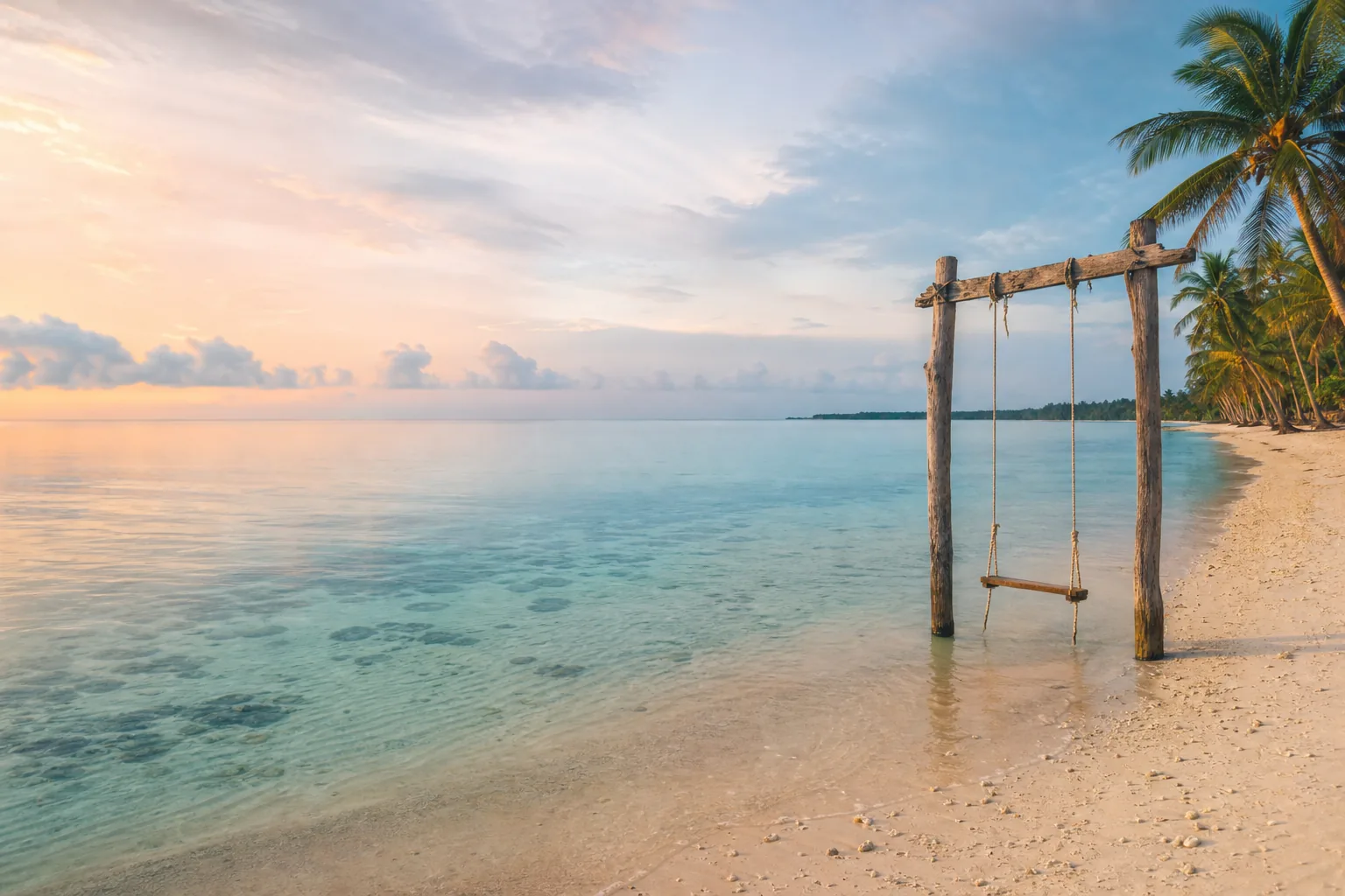 Wooden swing beside clear turquoise water on quiet Gili Meno
