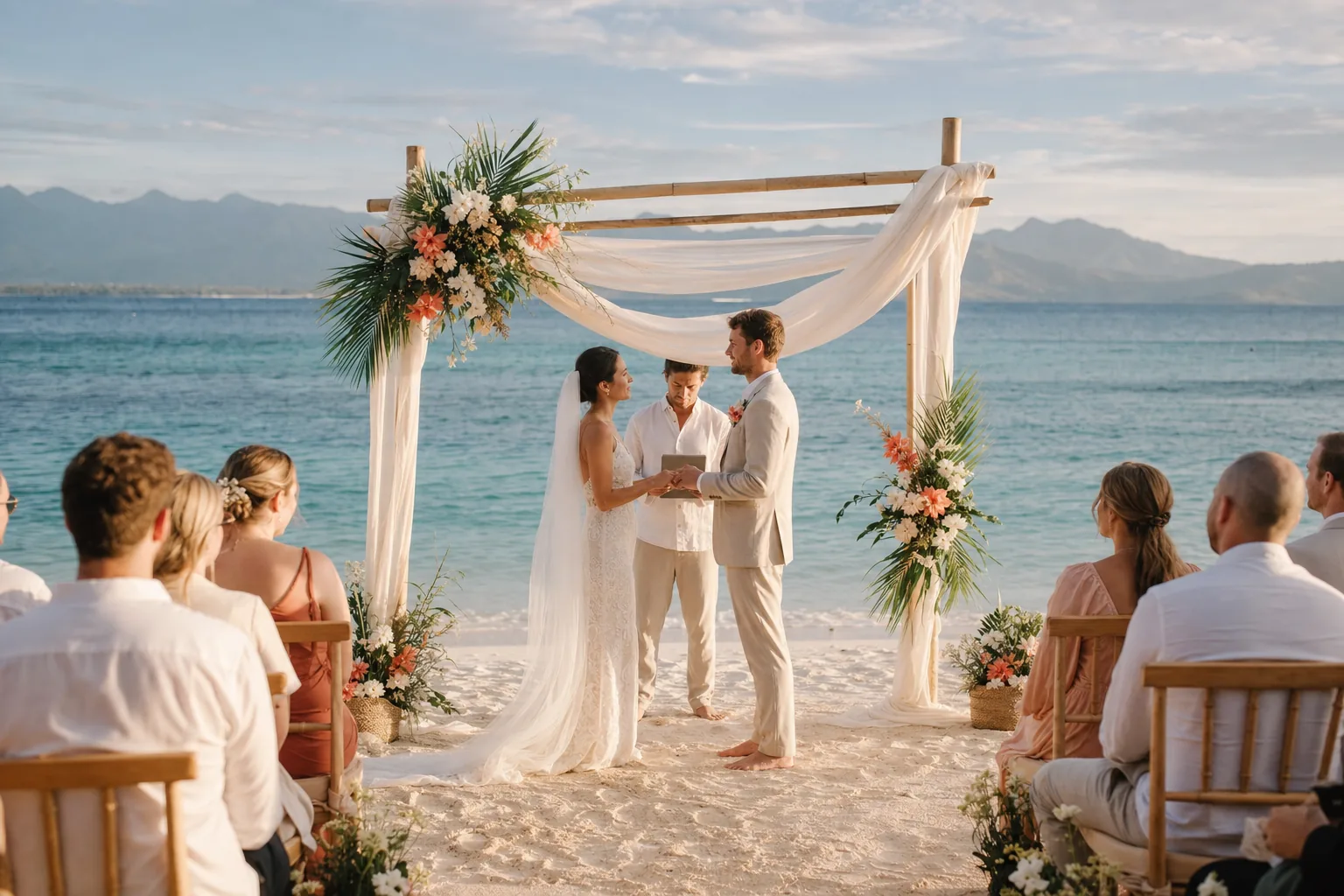 Barefoot wedding ceremony beside turquoise water on the Gili Islands